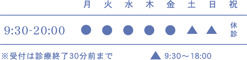 9:30-20:00 月●火●水●木●金●土▲日▲祝休診 ※受付は診療終了30分前まで ▲9:30～18:00